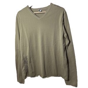 Y2K Sweater Mens Medium 90’s V-neck Tan Tactical Patches Military Basic Neutral